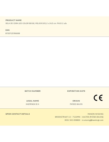 Vela de cera led color beige, relieve ø2,2 x 24,5 cm. pack 2 uds