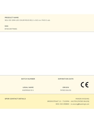 Vela de cera led color rojo ø2,2 x 24,5 cm. pack 2 uds