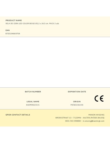 Vela de cera led color beige ø2,2 x 24,5 cm. pack 2 uds