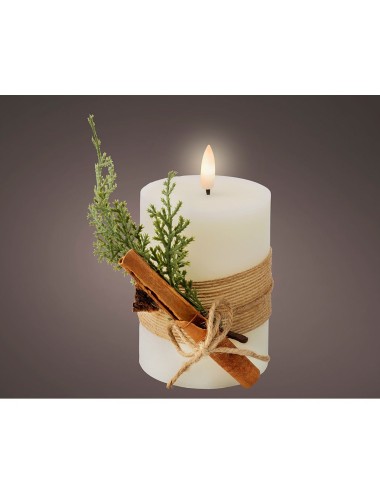 Vela de cera led efecto llama, color blanco, superficie rústica con ramillete ø7,5 x 13 cm