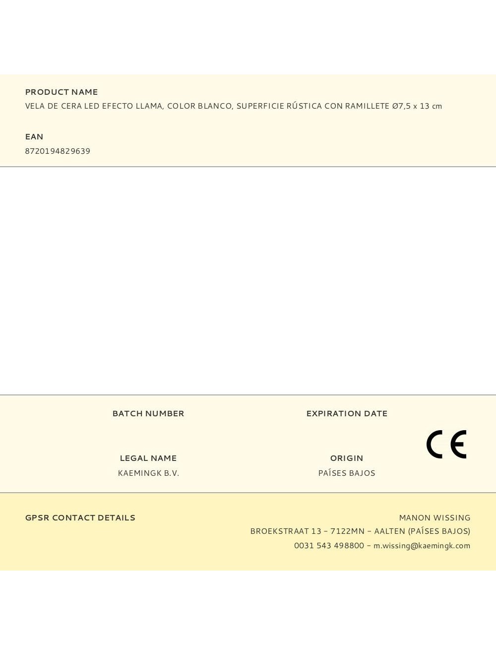 Vela de cera led efecto llama, color blanco, superficie rústica con ramillete ø7,5 x 13 cm