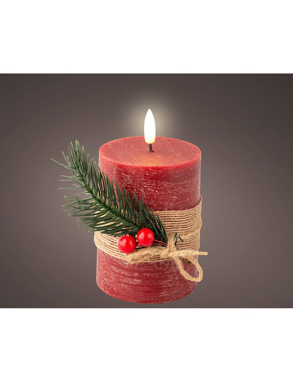 Vela de cera led efecto llama, color rojo, superficie rústica con ramillete ø7,5 x 13 cm