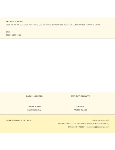 Vela de cera led efecto llama, color rojo, superficie rústica con ramillete ø7,5 x 13 cm