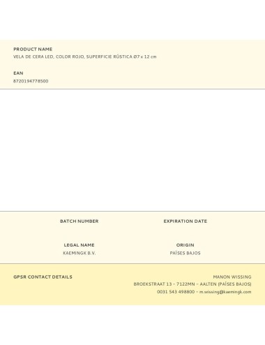 Vela de cera led, color rojo, superficie rústica ø7 x 12 cm