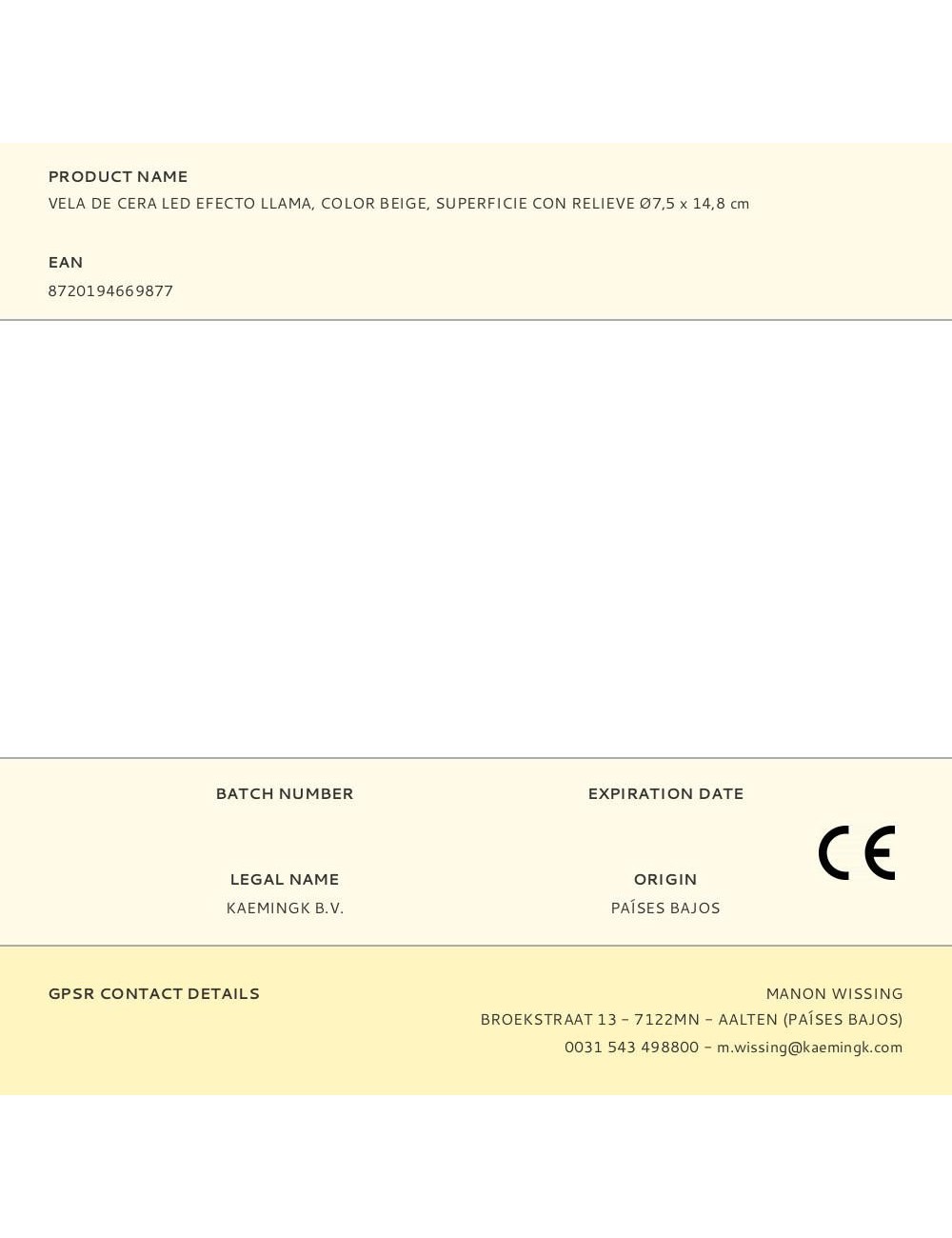 Vela de cera led efecto llama, color beige, superficie con relieve ø7,5 x 14,8 cm