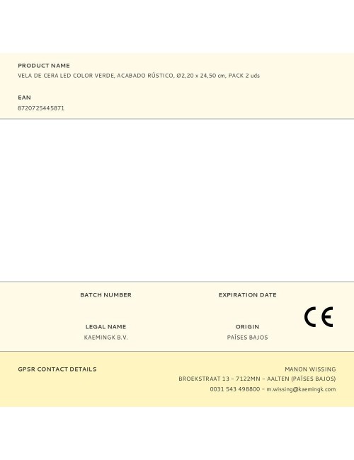 Vela de cera led color verde, acabado rústico, ø2,20 x 24,50 cm, pack 2 uds