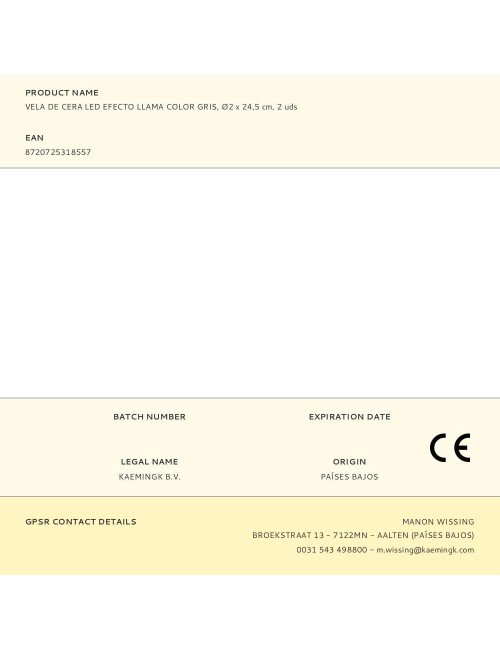 Vela de cera led efecto llama color gris, ø2 x 24,5 cm, 2 uds