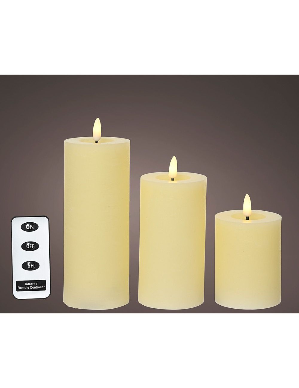 Vela de cera led color beige, acabado rústico, ø7 cm con diferentes alturas, 3 uds