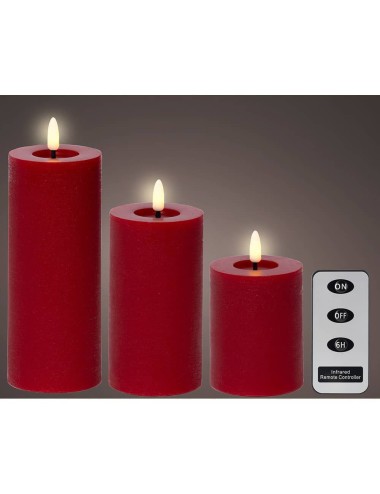 Vela de cera led color rojo, acabado rústico, ø7 cm con diferentes alturas, 3 uds