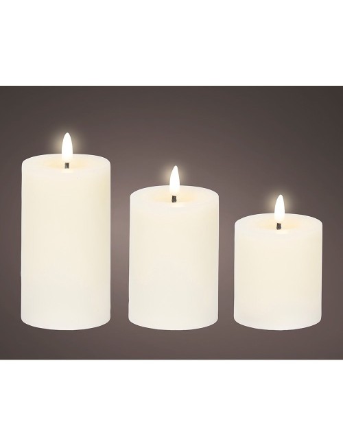Vela de cera led color blanco ø7 cm con diferentes alturas, 3 uds