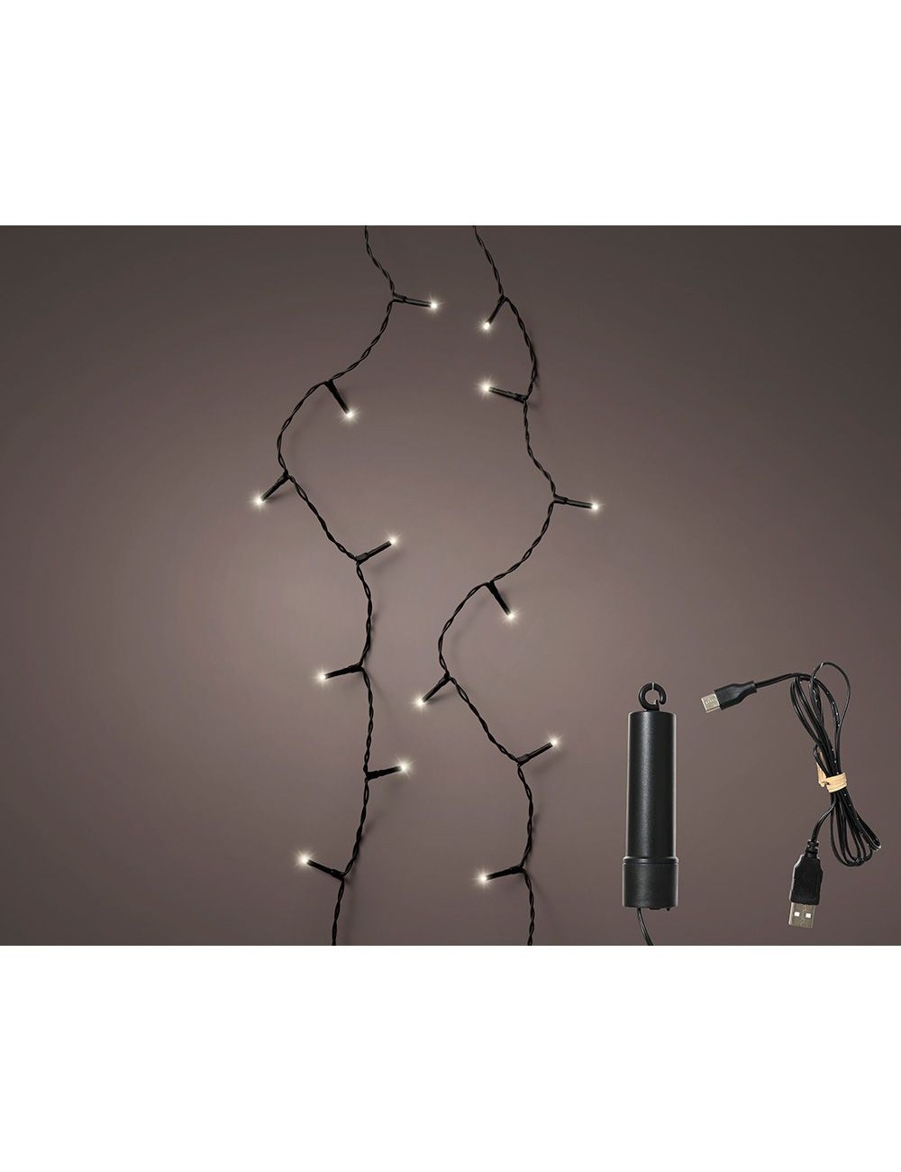 Guirnalda multifunción, uso exterior, recargable, luz cálida, cable negro, 100 leds, 7,4 m