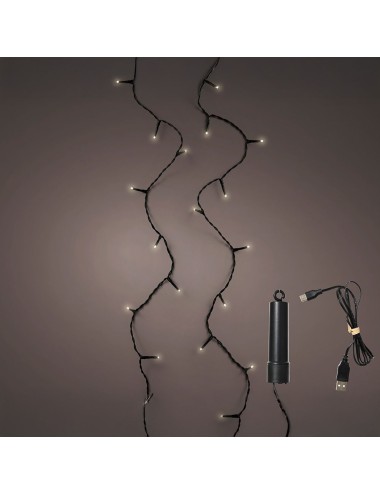 Guirnalda multifunción, uso exterior, recargable, blanco cálido, cable negro, 100 leds, 7,4 m