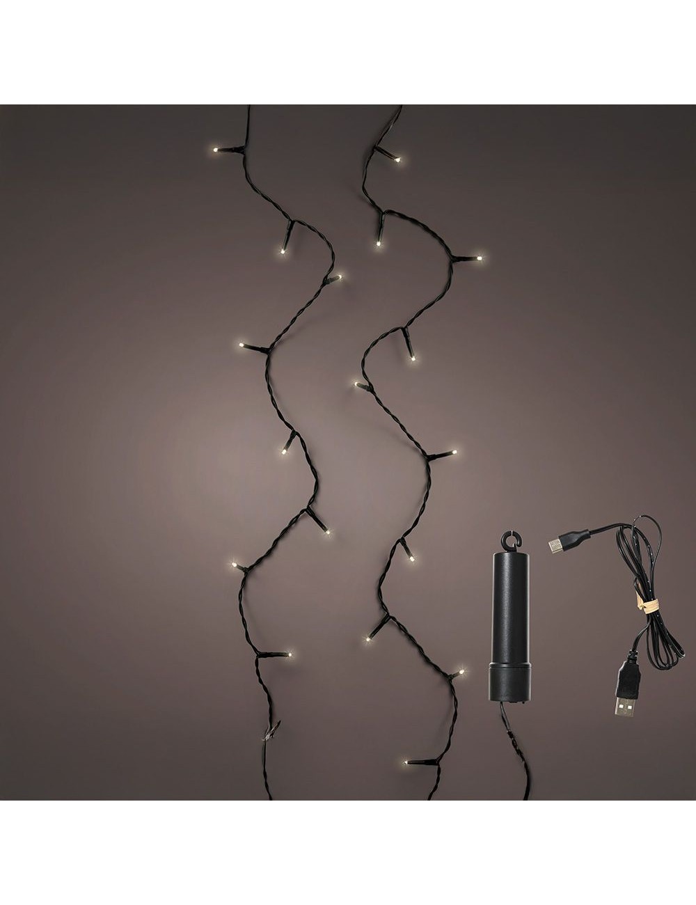 Guirnalda multifunción, uso exterior, recargable, blanco cálido, cable negro, 100 leds, 7,4 m