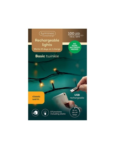 Guirnalda multifunción, uso exterior, recargable, blanco cálido, cable negro, 100 leds, 7,4 m