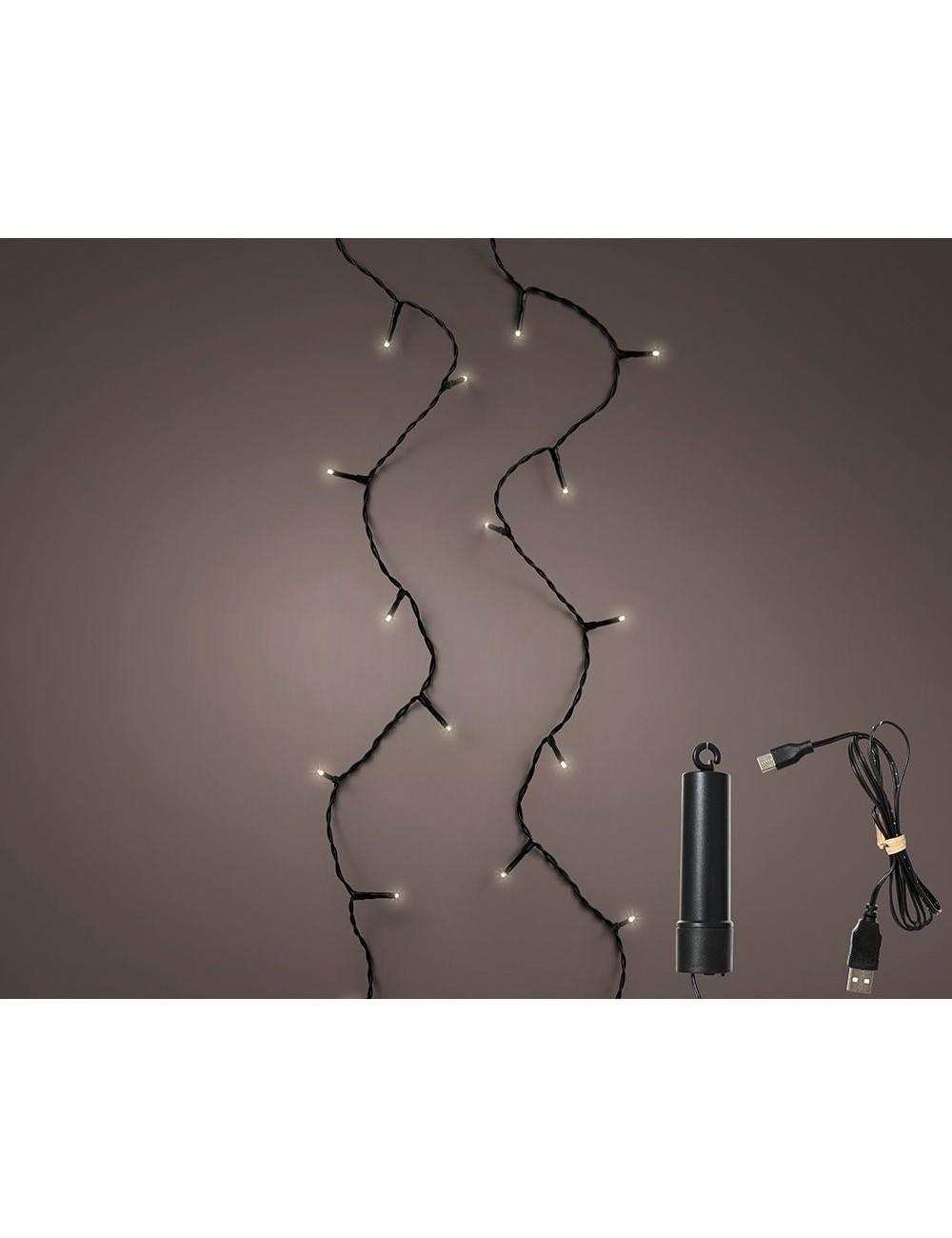 Guirnalda multifunción, uso exterior, recargable, multicolor, cable negro, 100 leds, 7,4 m