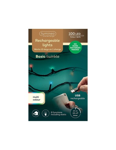 Guirnalda multifunción, uso exterior, recargable, multicolor, cable negro, 100 leds, 7,4 m