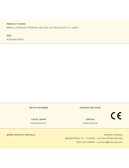 Árbol iluminado exterior 160 leds luz cálida ø70 cm x 1,80 m