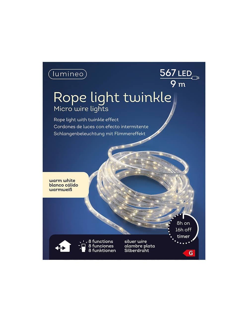 Cordón de luces led blanco cálido, uso exterior, 567 leds, 8 funciones, alambre plateado, 9 m