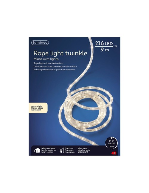 Cordón de luces led blanco cálido, uso exterior, 216 leds, 8 funciones, alambre plateado, 9 m