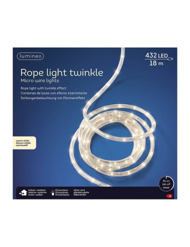 Cordón de luces led blanco cálido, uso exterior, 432 leds, 8 funciones, alambre plateado, 9 m