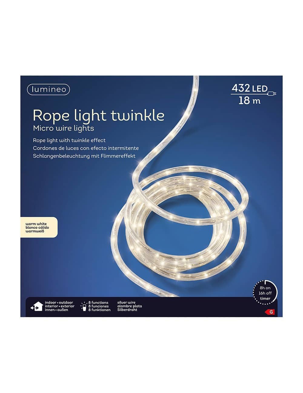 Cordón de luces led blanco cálido, uso exterior, 432 leds, 8 funciones, alambre plateado, 9 m