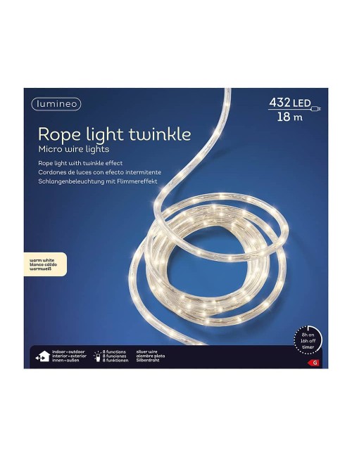 Cordón de luces led blanco cálido, uso exterior, 432 leds, 8 funciones, alambre plateado, 9 m