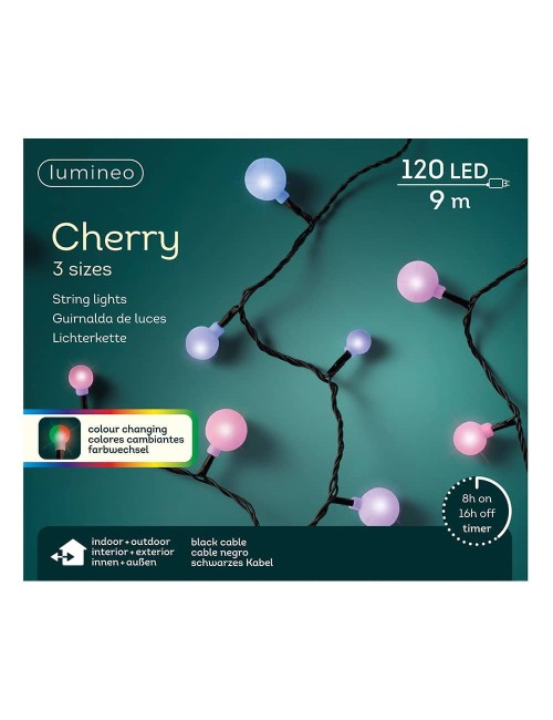 Guirnalda multifunción, uso exterior, cherry, multicolor, cable negro, 120 leds, 9 m