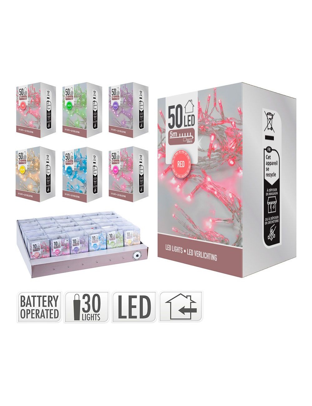 Guirnalda a pilas, función fija, 50 leds, cable transparente, colores surtidos, interior, 5 m