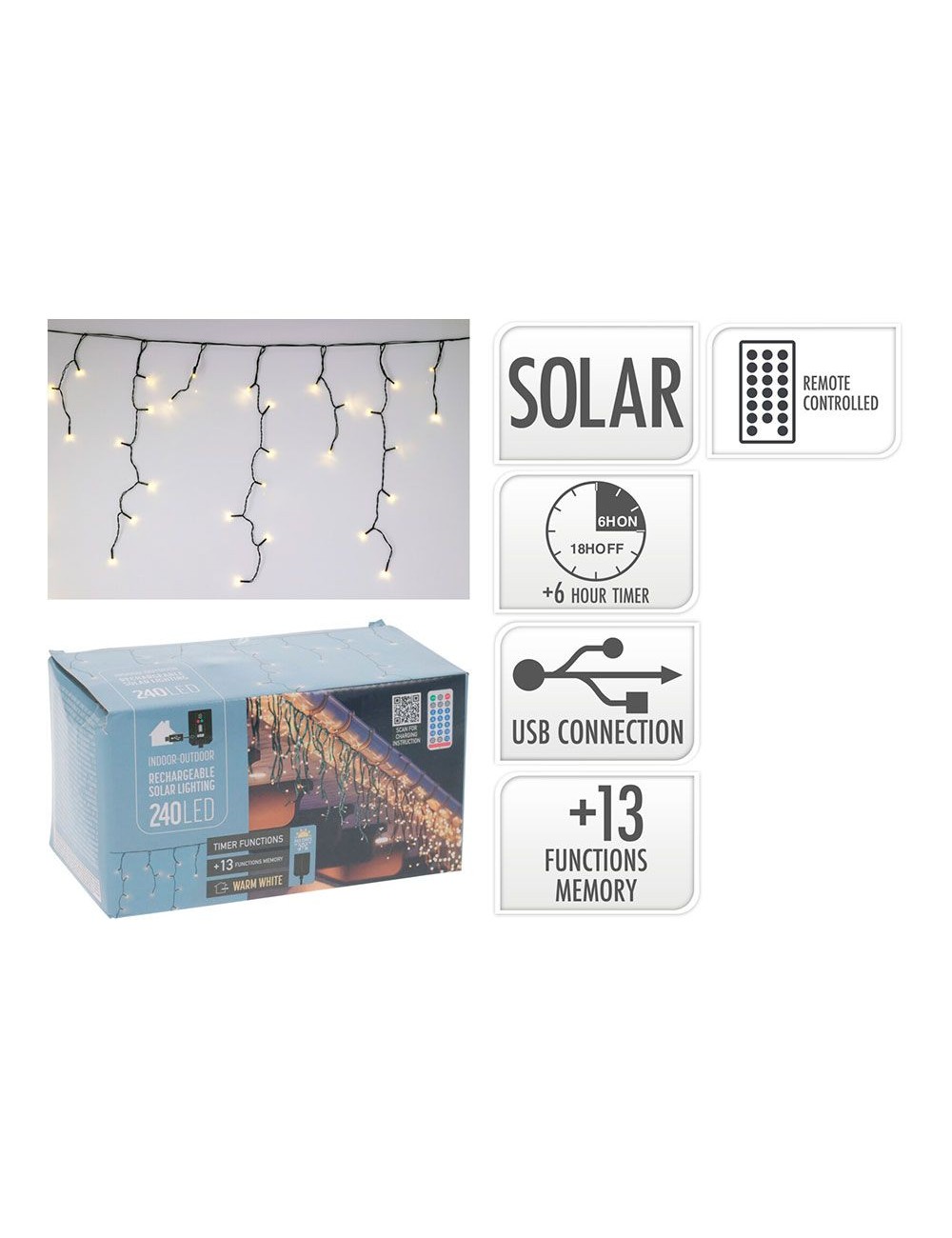 Cortina solar recargable, 240 leds, multifunción, luz cálida, exterior, 8 m