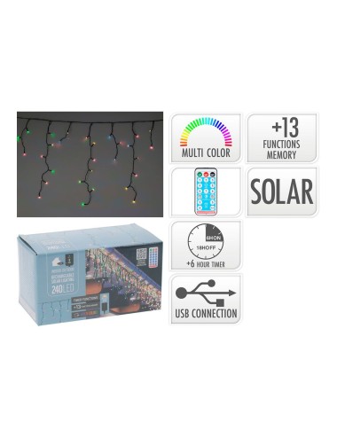 Guirnalda solar recargable, 240 leds, multifunción, multicolor, exterior, 8 m