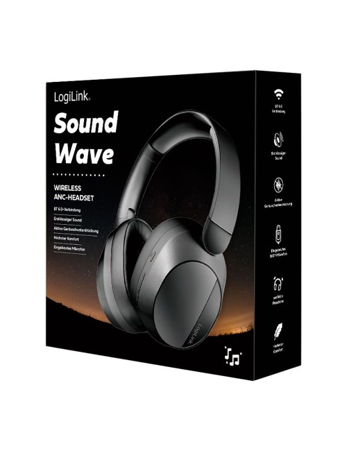 Auriculares plegables negros con bluetooth 6.0, cancelación activa del ruido y micrófono