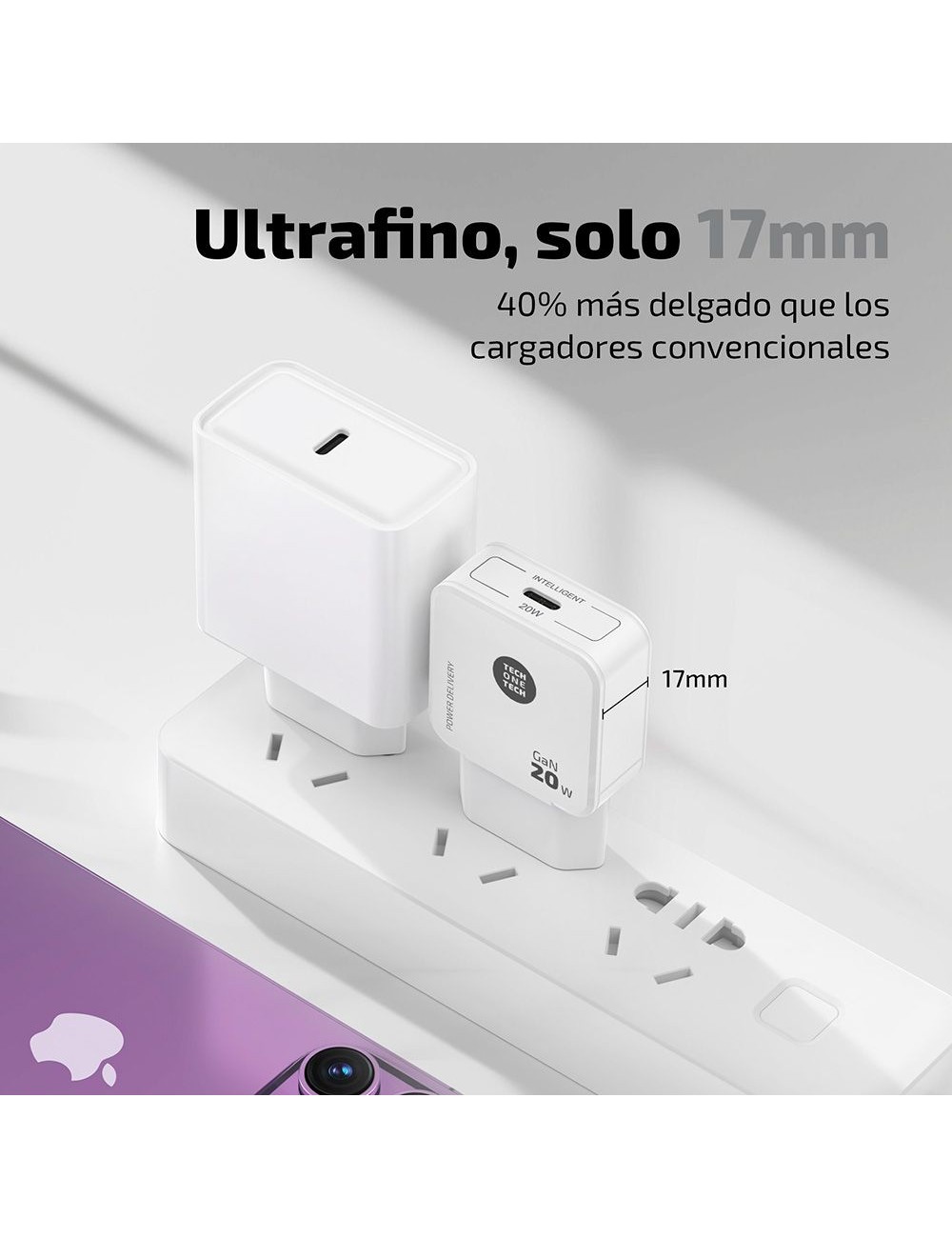 Cargador rápido gan 20 w, usb-c, blanco
