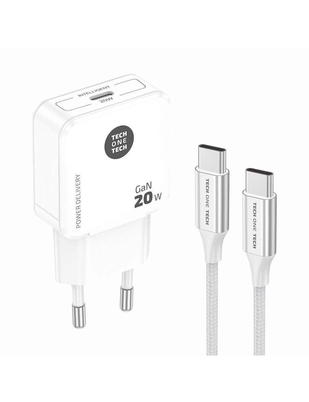 Cargador rápido gan 20 w + cable usb-c blanco