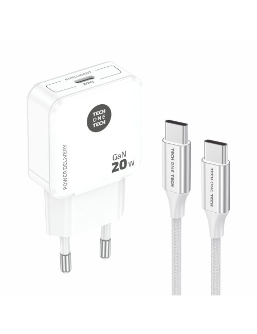 Cargador rápido gan 20 w + cable usb-c blanco