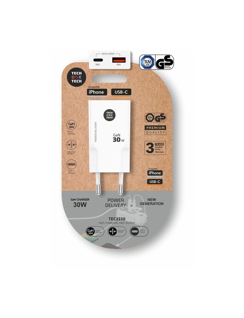 Cargador rápido gan 30 w, blanco, conectores: usb-c + usb-a