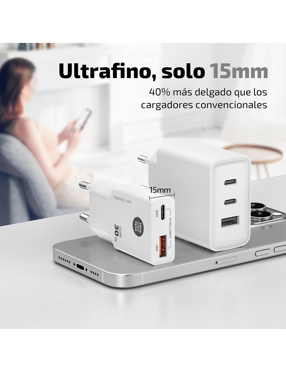 Cargador rápido gan 30 w, blanco, conectores: usb-c + usb-a