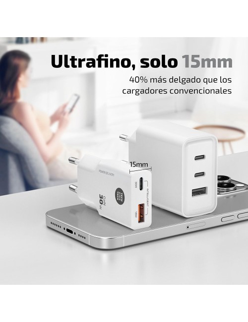 Cargador rápido gan 30 w, blanco, conectores: usb-c + usb-a