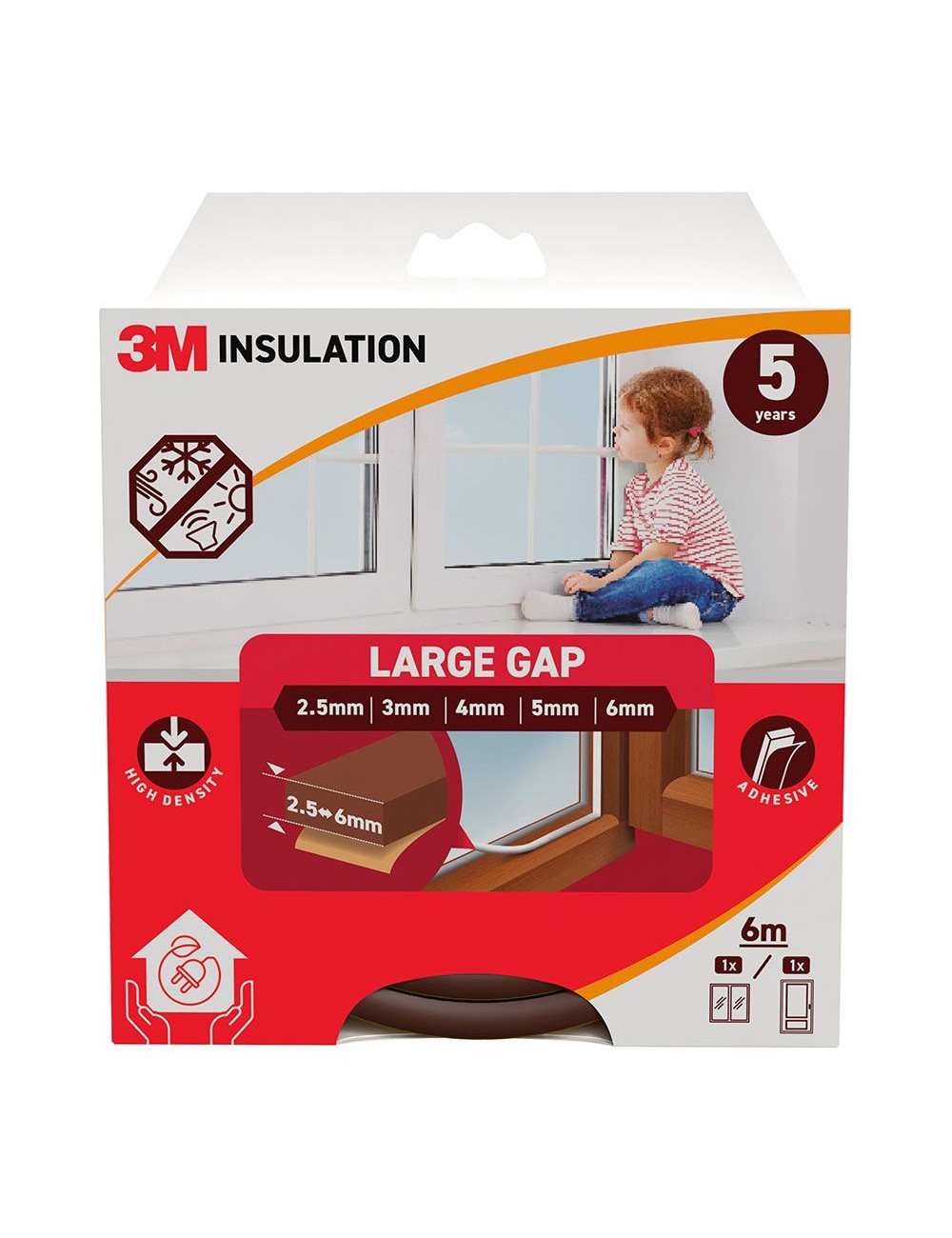 Burlete de aislamiento clásico para huecos grandes de 2,5 - 6 mm, marrón, 6 m