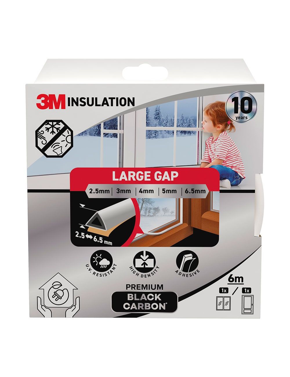 Burlete de aislamiento premium para huecos grandes de 2,5 - 6,5 mm, blanco, 6 m