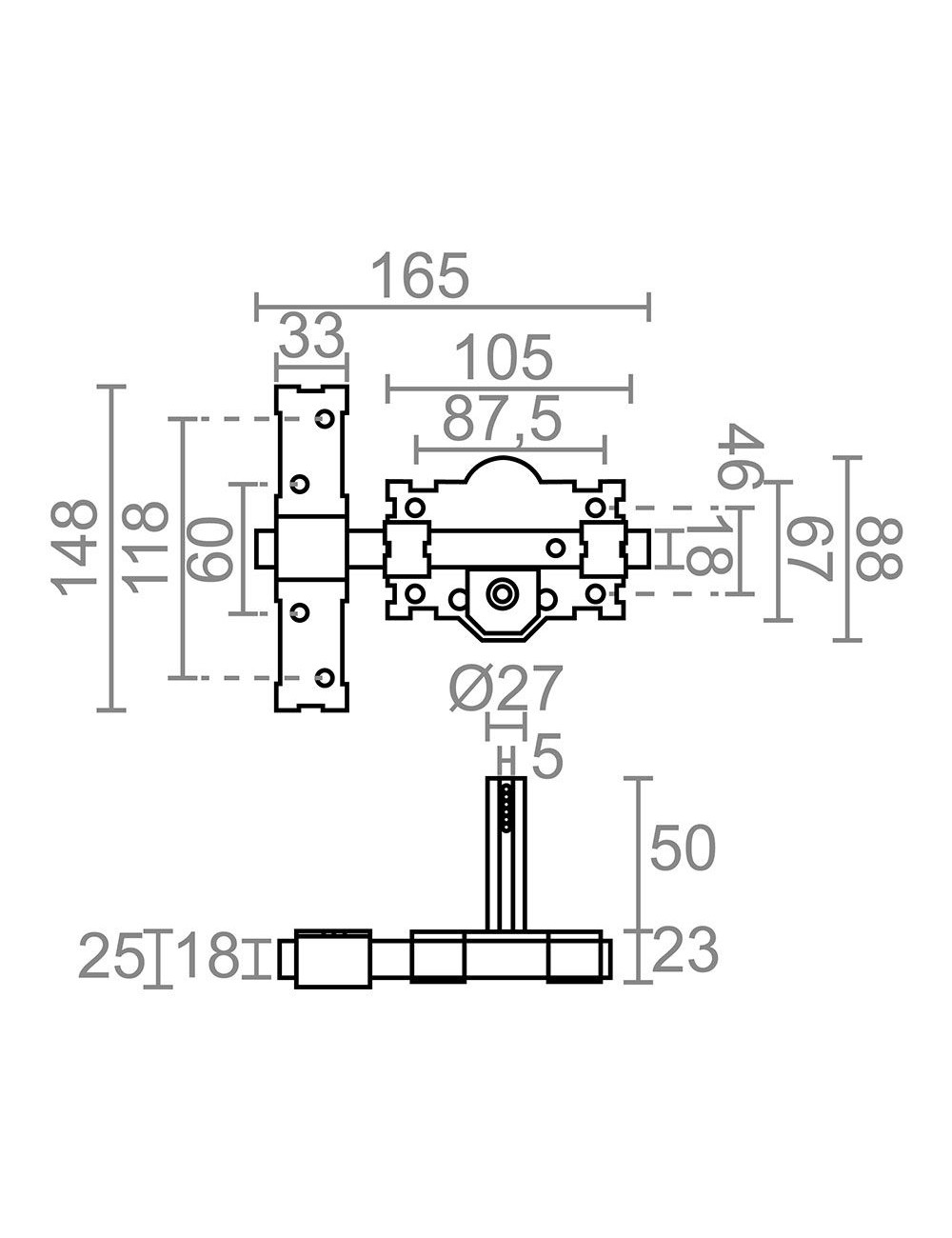 Cerrojo sobreponer crr06 105b/50 mm pintado gris llaves iguales amaestradas