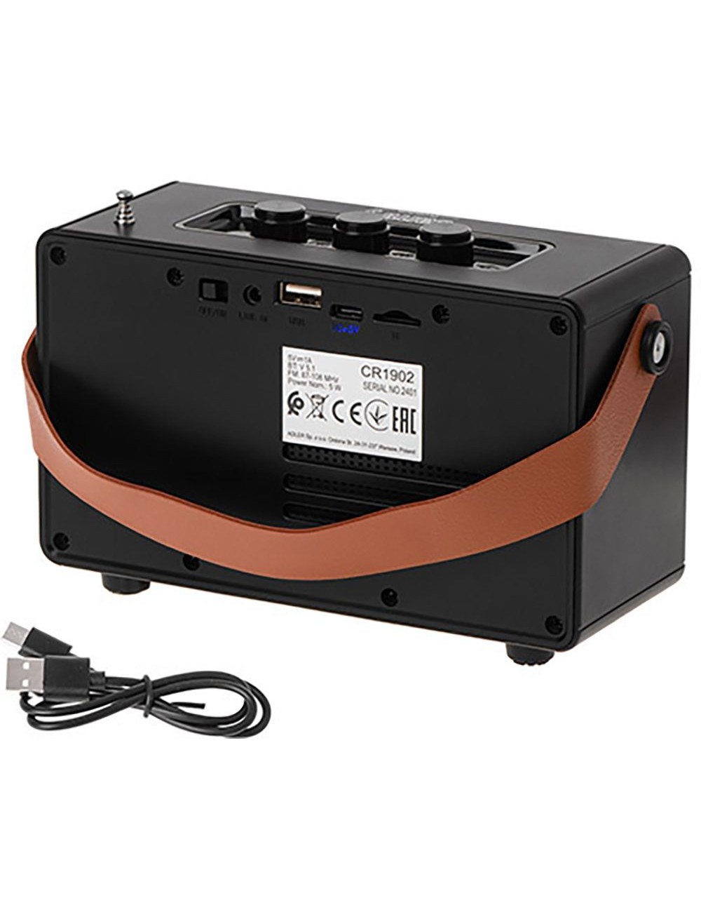 Radio fm recargable con bluetooth cr 1902 negra, 16 x 7 x 10,5 cm