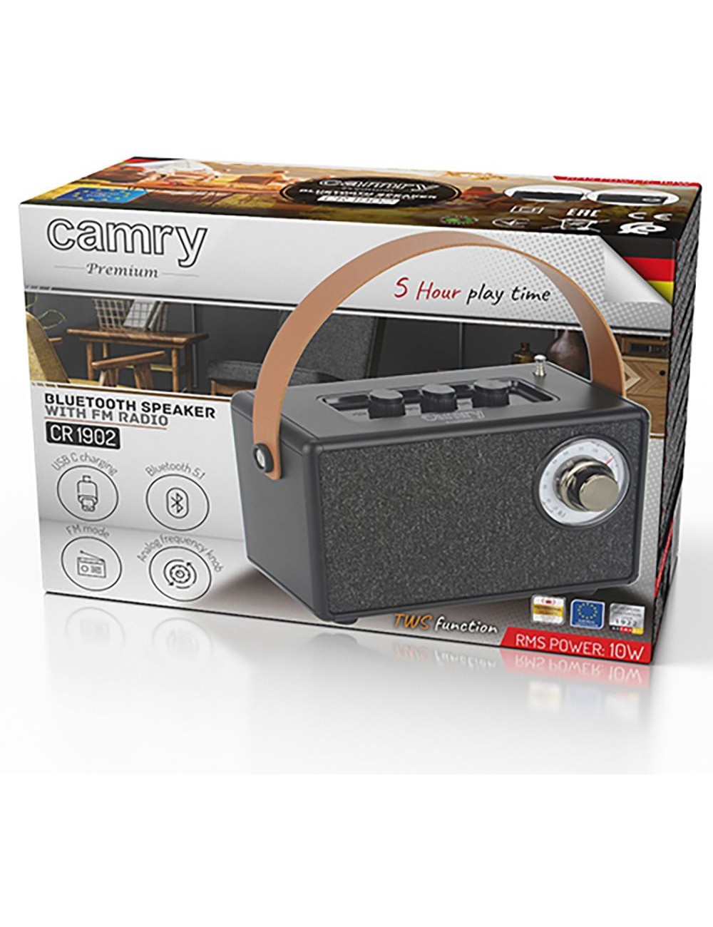 Radio fm recargable con bluetooth cr 1902 negra, 16 x 7 x 10,5 cm