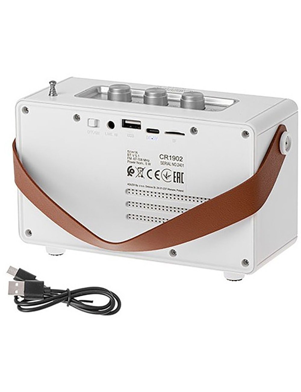 Radio fm recargable con bluetooth cr 1902 blanca, 16 x 7 x 10,5 cm