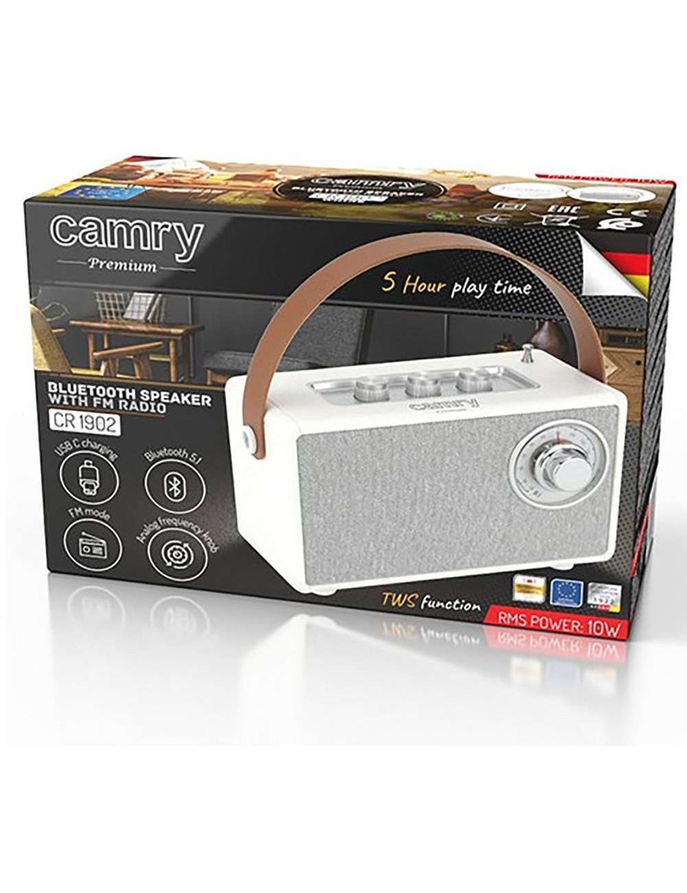 Radio fm recargable con bluetooth cr 1902 blanca, 16 x 7 x 10,5 cm