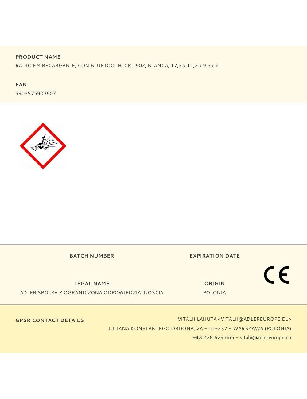 Radio fm recargable con bluetooth cr 1902 blanca, 16 x 7 x 10,5 cm