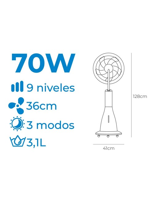 Ventilador nebulizador recargable 70w, 41 x 41 x 128 cm