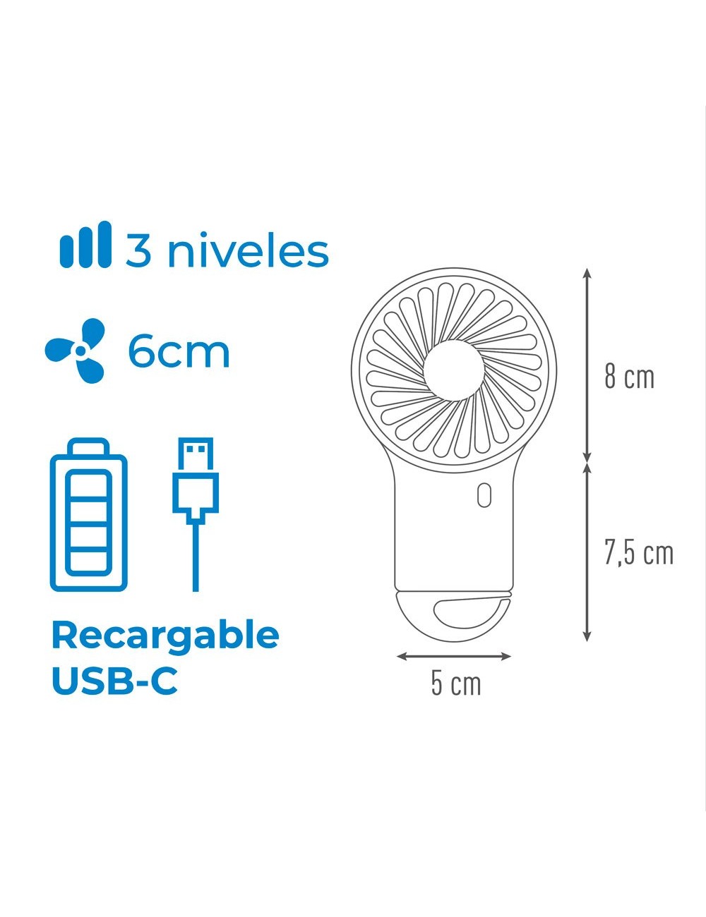 Ventilador de mano con gancho, 8 x 2,9 x 15,5 cm