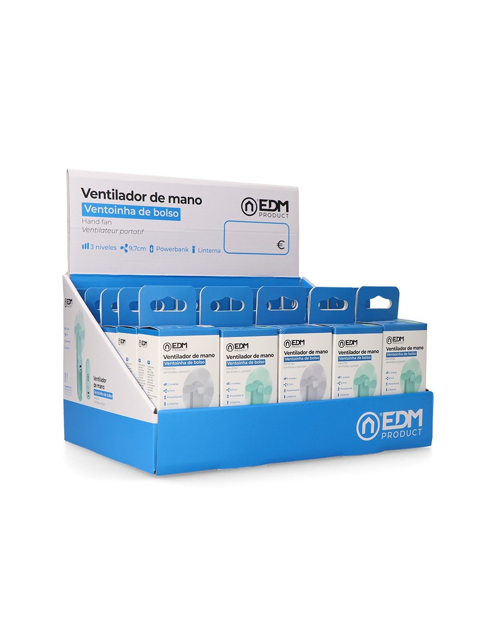 Ventilador de mano plegable, linterna,powerbank, soporte smartphone, colores surtidos, 3,7 x 11,9 cm