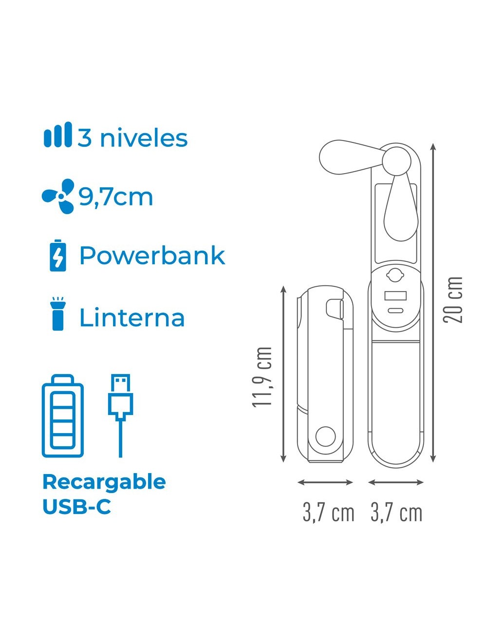 Ventilador de mano plegable, linterna,powerbank, soporte smartphone, colores surtidos, 3,7 x 11,9 cm