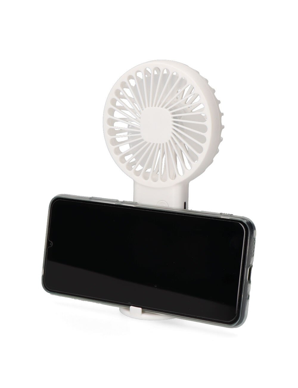Ventilador de mano con base extraible y soporte para smartphone, 9 x 3 x 18 cm